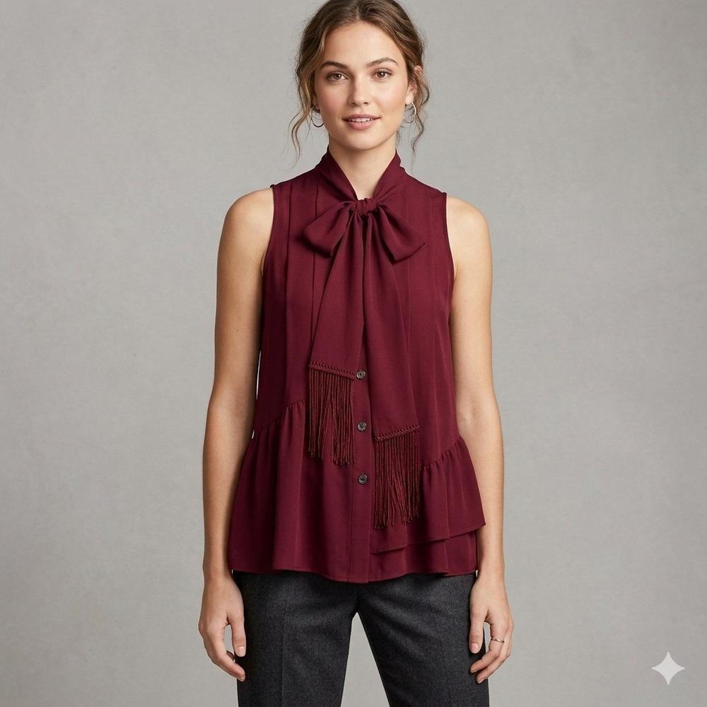 Derek Lam Silk Tie Neck Fringe Blouse‎ Sleeveless Peplum Burgundy Size 2